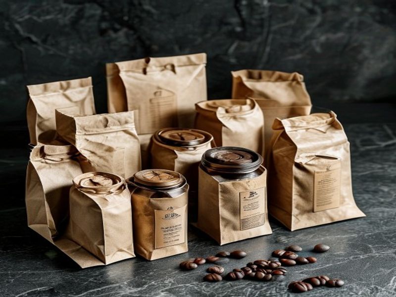 Collection of premium coffee bags with kraft paper labels arranged on a dark slate surface, soft spotlight, product photography style
